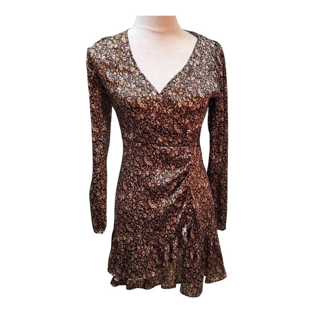Zara Floral  Dress Brown Purple Ruffle Faux Wrap Long Sleeve Party
